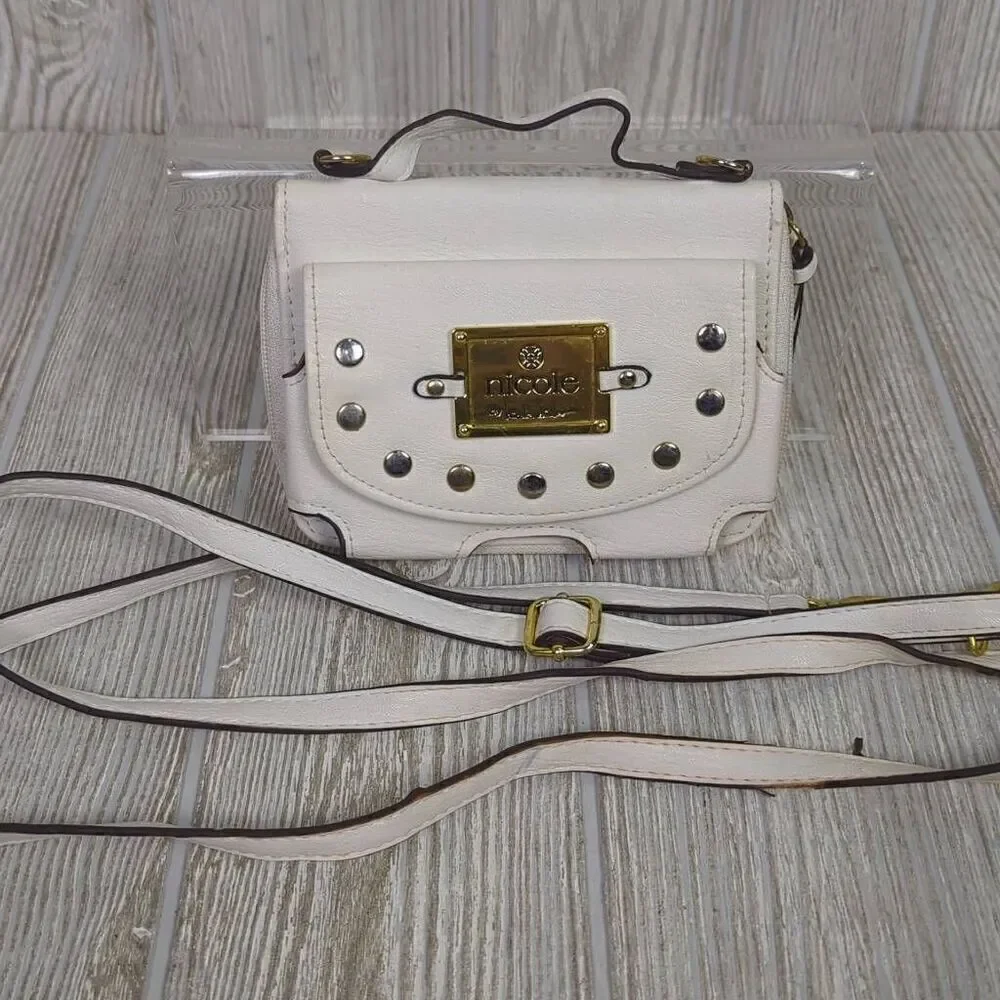 Nicole Miller Faux White Leather Crossbody Bag Purse Multipurpose Studded